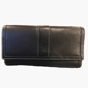 VTG Coach Hamptons Black Leather Trifold Wallet w/Blue and White Stitching